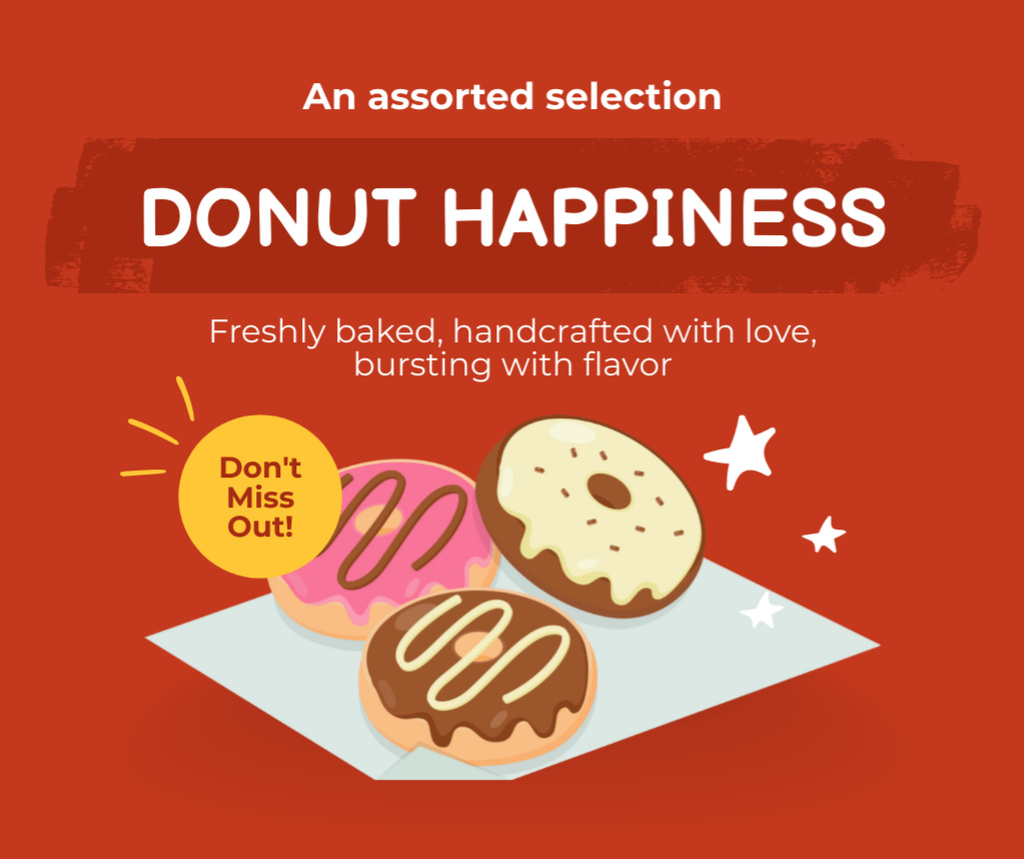 Doughnut Shop Ad with Bright Illustration of Donuts Facebook Design Template
