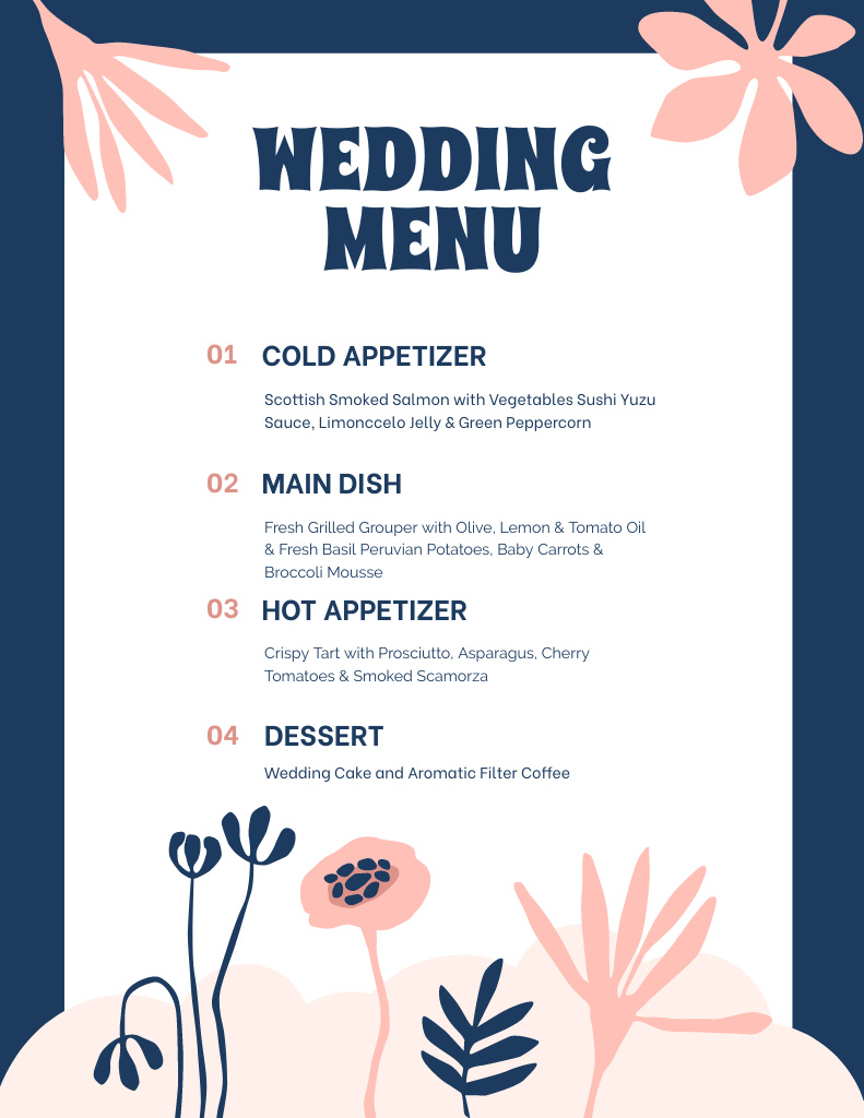 Simple Floral Pink and Blue Wedding Appetizers List Menu 8.5x11in Design Template