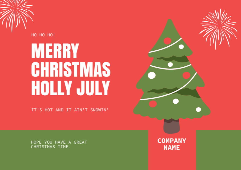 Gleeful Christmas Party in July with Christmas Tree and Fireworks Flyer A5 Horizontal Šablona návrhu