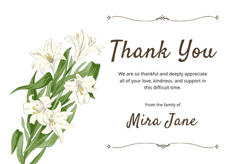 Plantilla de diseño de Tarjeta de Agradecimiento Funeral con Flores Blancas Postcard 5x7in 