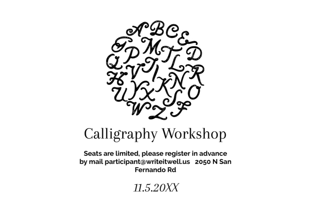 Calligraphy Workshop Announcement with Letters Flyer A5 Horizontal Design Template