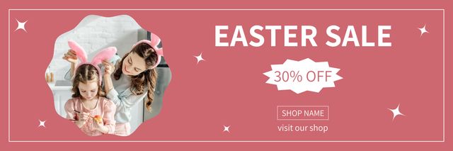 Easter Discount Offer with Joyful Mother and Daughter in Bunny Ears Twitter Design Template