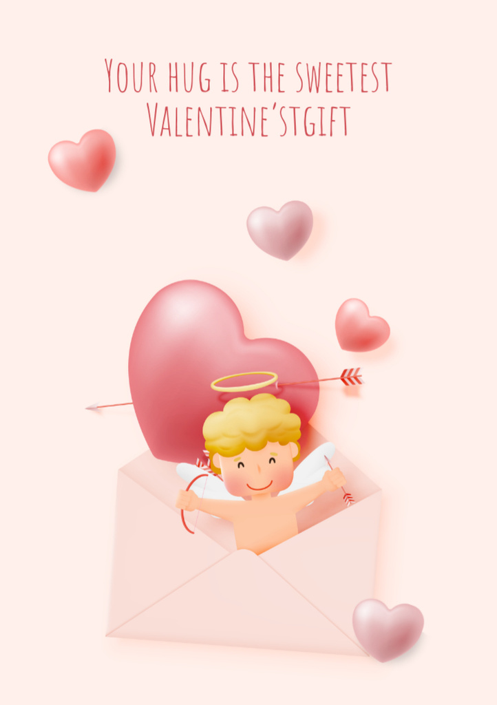 Ontwerpsjabloon van Postcard A5 Vertical van Valentine's Phrase with Cute Cupid and Hearts