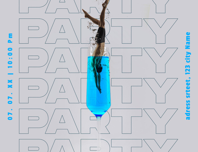 Designvorlage Party Announcement With Man Diving Into Cocktail für Invitation 13.9x10.7cm Horizontal