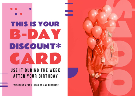 Birthday Discount Girl Holding Balloons in Red Card Design Template