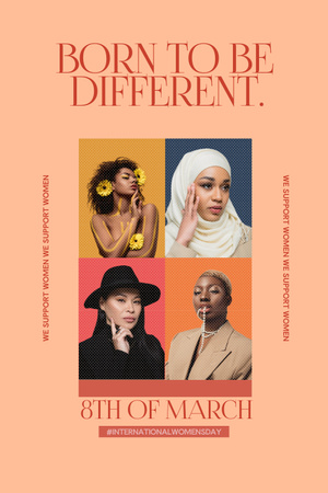 International Women's Day Greeting with Stylish Multiracial Women Pinterest Design Template