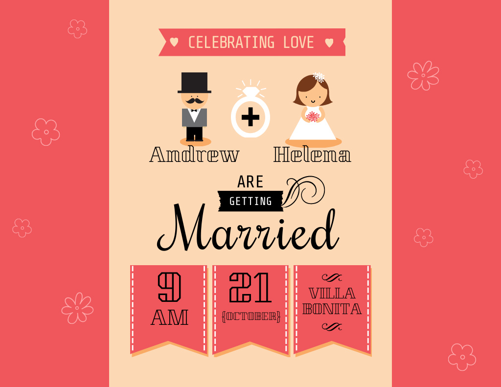Wedding Invitation with Cute Illustration of Groom and Bride Flyer 8.5x11in Horizontal Design Template