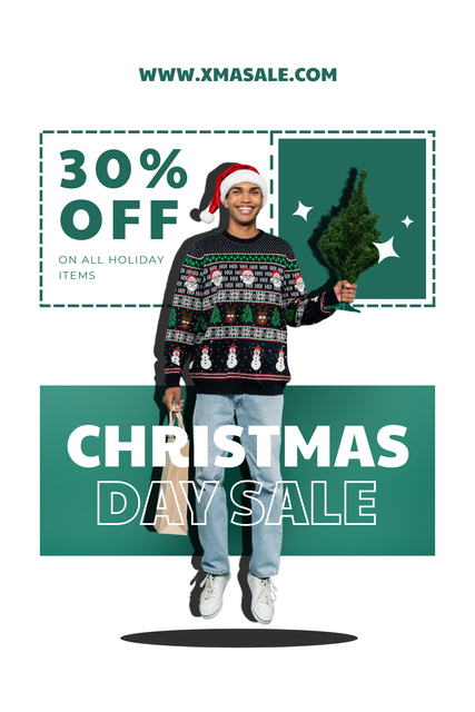 Platilla de diseño Christmas Day Sale Ad with Cheerful Man Pinterest