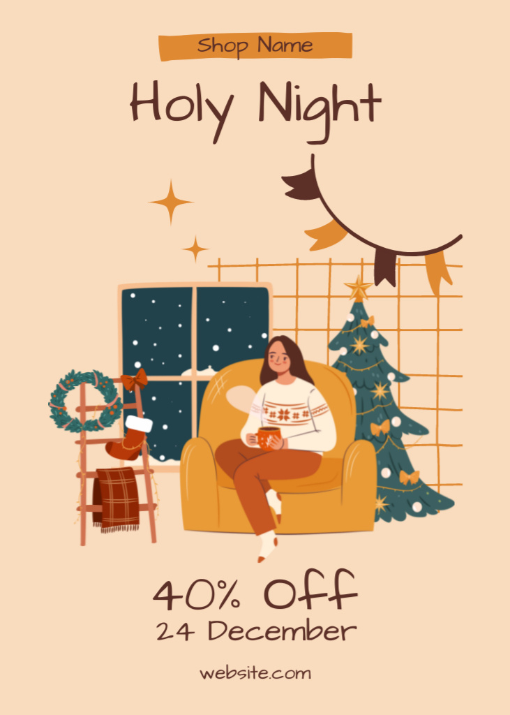 Platilla de diseño Christmas Holy Night Sale Offer With Festive Interior and Tree Postcard 5x7in Vertical