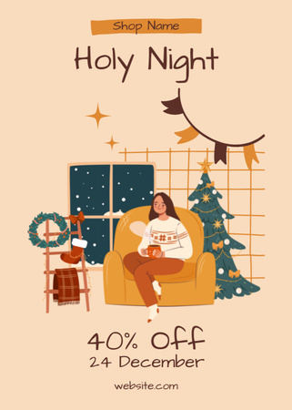 Christmas Holy Night Sale Offer With Festive Interior and Tree Postcard 5x7in Vertical Design Template
