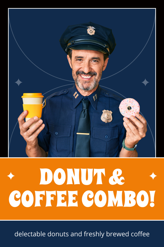 Funny Policeman holding Doughnut and Coffee Pinterest Design Template