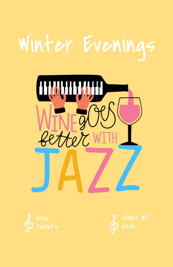 Winter Jazz Party Announcement on Yellow Invitation 5.5x8.5in Design Template