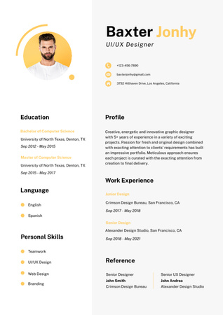 Platilla de diseño UI/UX Designer Skills With Experience And Degree Resume