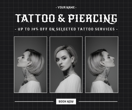 Ontwerpsjabloon van Facebook van Tattoo And Piercing With Discount Offer In Black