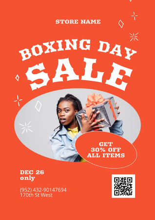 Plantilla de diseño de Oferta de venta del día del boxeo con mujer sosteniendo regalo Poster 