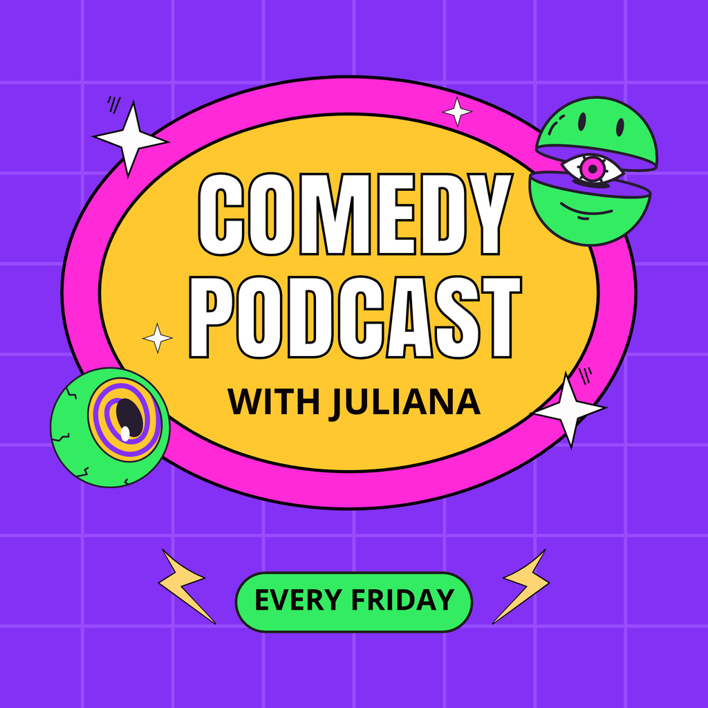 Ontwerpsjabloon van Podcast Cover van Comedy Podcast Ad with Funny Illustrations in Purple