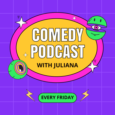 Mor Renkli Komik Çizimler içeren Komedi Podcast Reklamı Podcast Cover Tasarım Şablonu