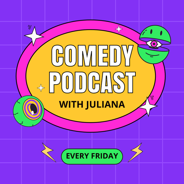 Comedy Podcast Ad with Funny Illustrations in Purple Podcast Cover – шаблон для дизайна