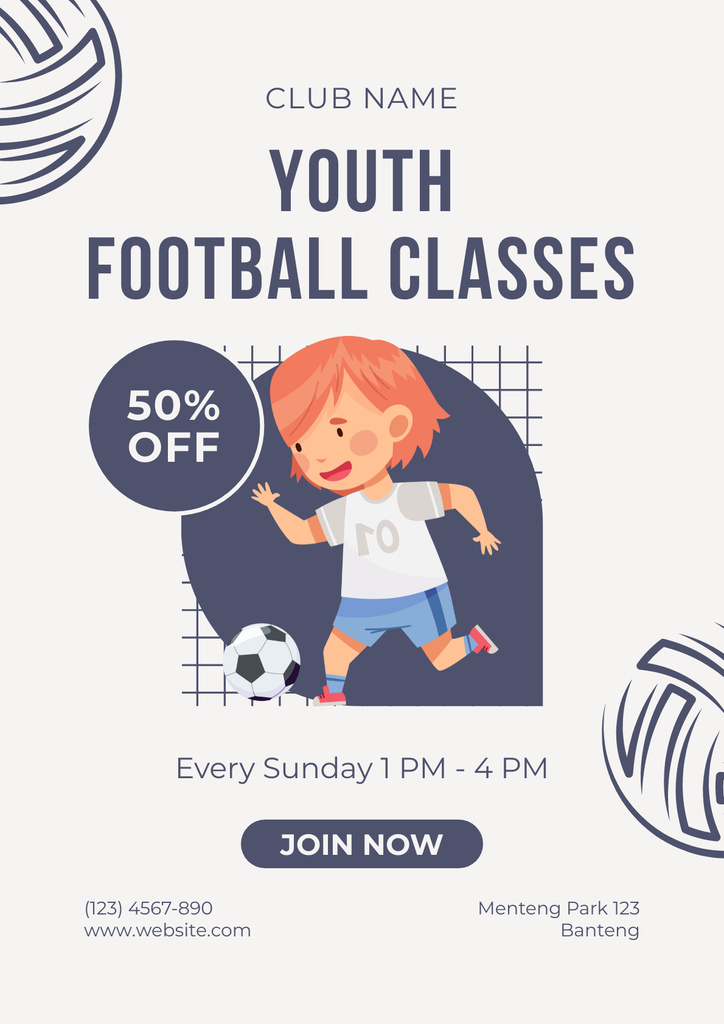 Youth Football Classes Ad with Cute Little Boy Posterデザインテンプレート