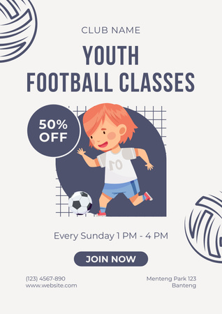 Youth Football Classes Ad with Cute Little Boy Poster Design Template