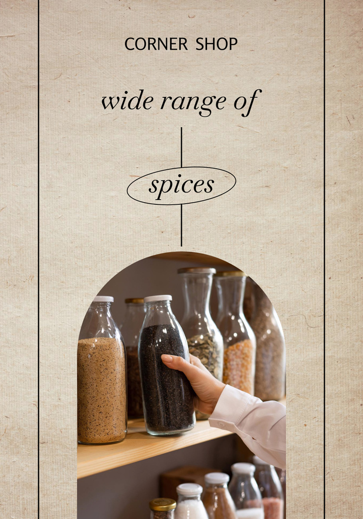 Sale of Spices in Glass Bottles Poster 28x40in – шаблон для дизайна