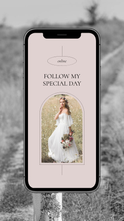 Szablon projektu ogłoszenie ślubu online z panną młodą na ekranie telefonu Instagram Story
