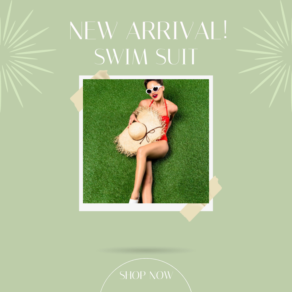 New Arrival of Swimwear In Shop With Straw Hat Instagram Design Template