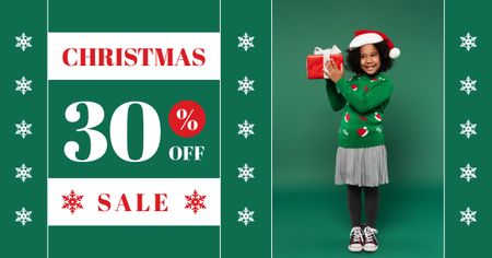 Szablon projektu Child with Present Box on Christmas Sale Green Facebook AD