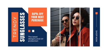 Publicidade de óculos de sol da moda com casal estiloso Twitter Modelo de Design