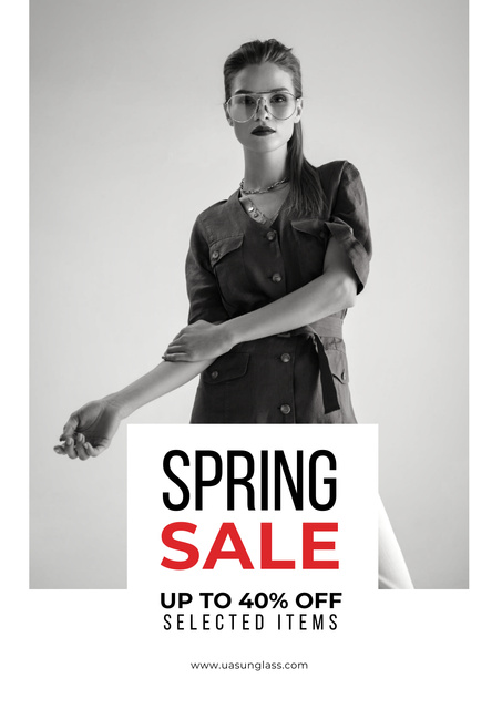 Spring Sale with Beautiful Girl in Black and White Poster Design Template