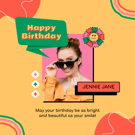 Happy Birthday Young Woman with Cartoon Flower LinkedIn post Design Template