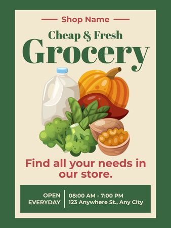 Friss és Olcsó Élelmiszerboltok Illusztrációval Poster US tervezősablon