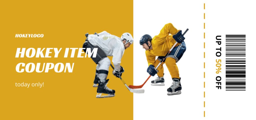 Sport Shop Ad with Hockey Players on Yellow Coupon Din Large Design Template