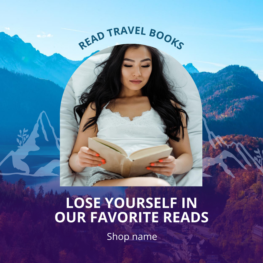 Designvorlage Woman Reading Travel Book in Bed für Instagram
