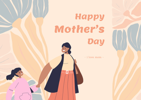 Äiti ja tytär pitävät kädestä äitienpäivänä Postcard 5x7in Design Template