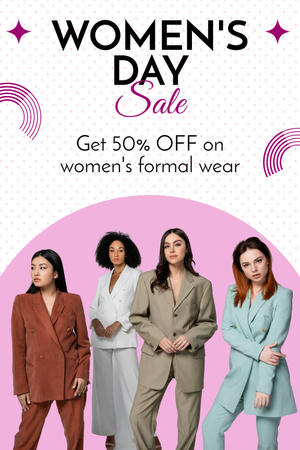 Ontwerpsjabloon van Pinterest van Aankondiging verkoop vrouwendag met stijlvolle zakenvrouwen