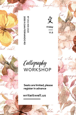 Calligraphy Workshop Announcement Watercolor Flowers Flyer 4x6in Design Template