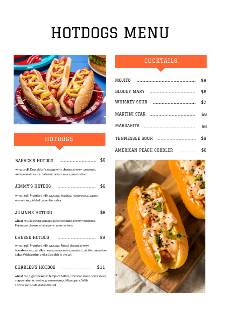 Delicious Hotdogs variety Menu Design Template