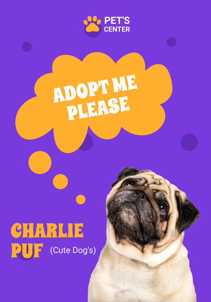 Pets Adoption Club Ad with Pug on Purple Poster 28x40in – шаблон для дизайна