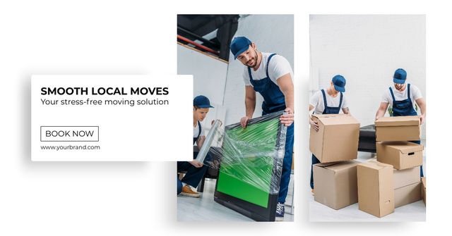 Plantilla de diseño de Ad of Smooth Moving Services with Couriers unpacking Boxes Facebook AD 