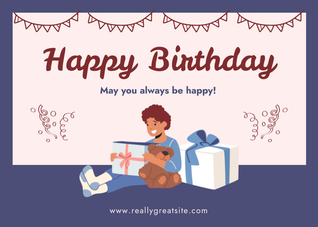 Happy Birthday with Boy and Teddy Bear Postcard 5x7in Design Template