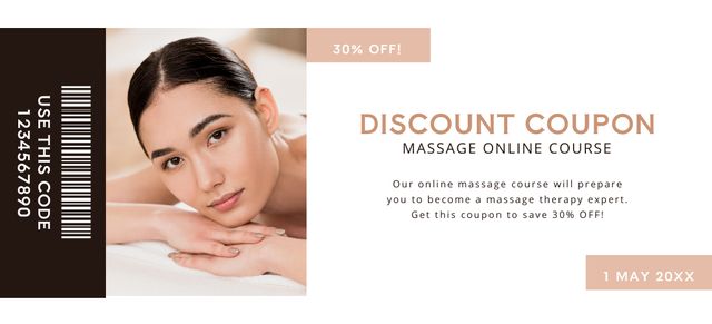 Massage Online Courses Ad with Young Beautiful Woman Coupon 3.75x8.25in – шаблон для дизайну