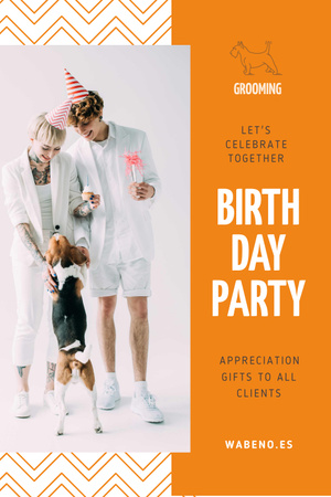 Birthday Party Announcement with Couple and Dog Pinterest Modelo de Design