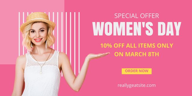 Special Offer on Women's Day with Smiling Woman Twitter Šablona návrhu