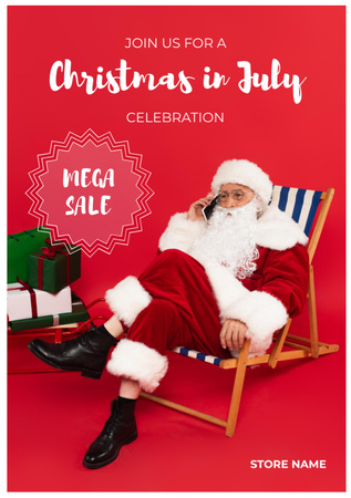  Christmas Sale in July with Santa Claus Sitting on a Chaise Lounge Flyer A5 tervezősablon