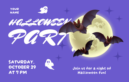 Plantilla de diseño de Anuncio de fiesta de Halloween con luna y murciélagos Invitation 4.6x7.2in Horizontal 