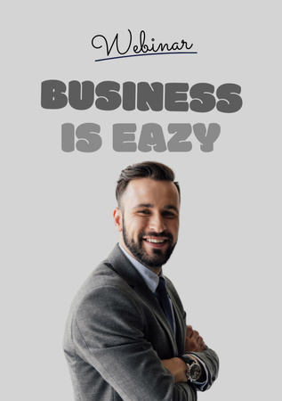Business Event Announcement with Smiling Businessman Flyer A5 Tasarım Şablonu