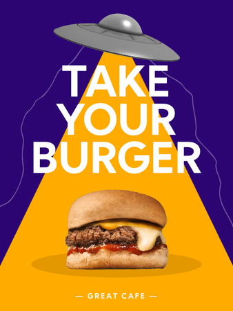 Psychedelic Illustration of UFO Stealing Tasty Burger Poster US Design Template