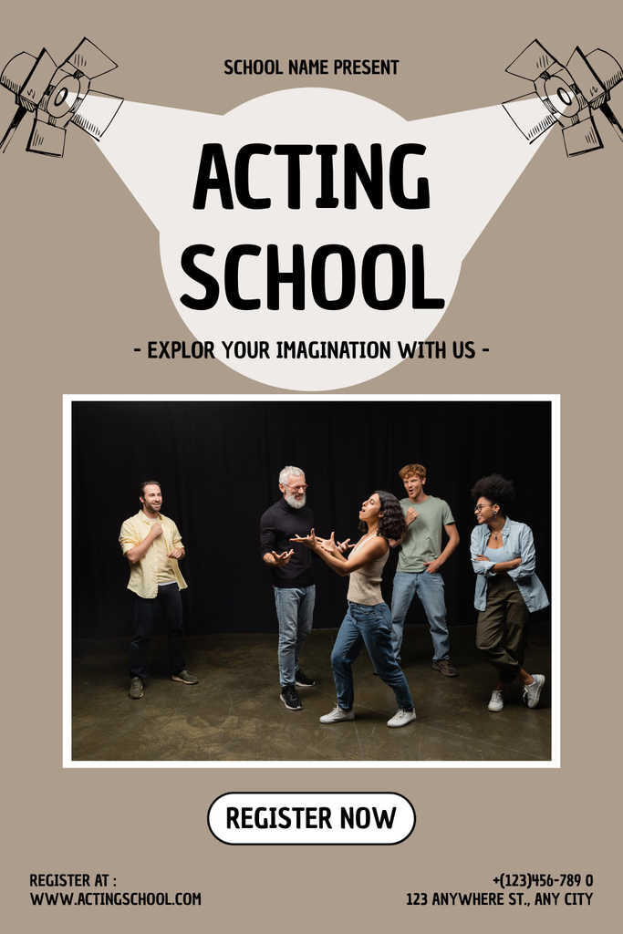 Acting School Offer with Actors and Spotlights Pinterest Design Template