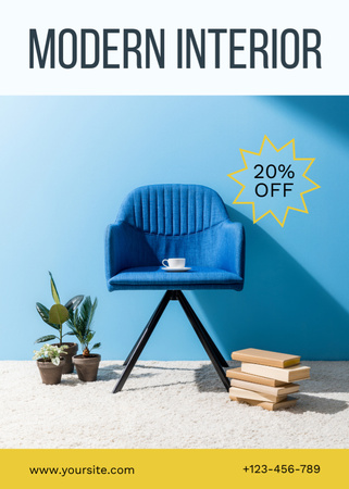 Huonekalujen promootio tyylikkäällä sinisellä tuolilla Flayer Design Template